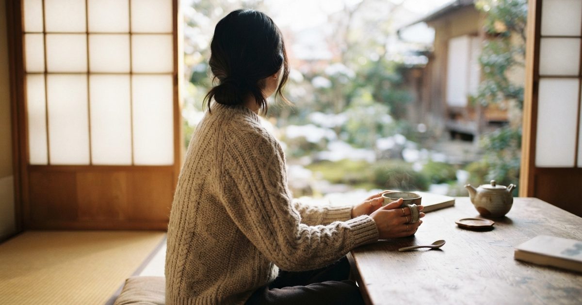 窓辺で温かい飲み物を持ち過ごす様子