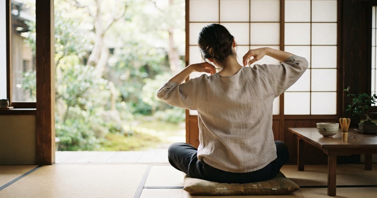 窓辺で静かに背筋を伸ばす人の後ろ姿
