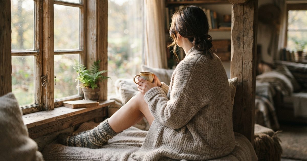 日当たりのよい窓辺で温かい飲み物を持つ様子