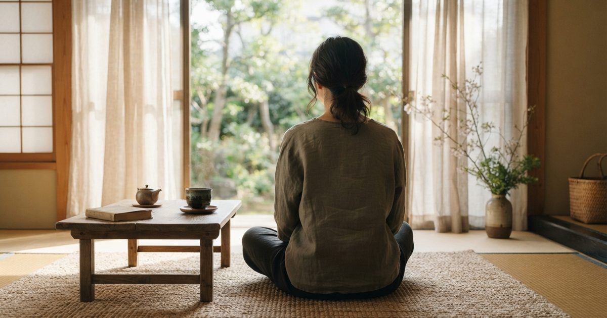 日当たりのよい部屋で温かいお茶を飲んでひと息つく様子