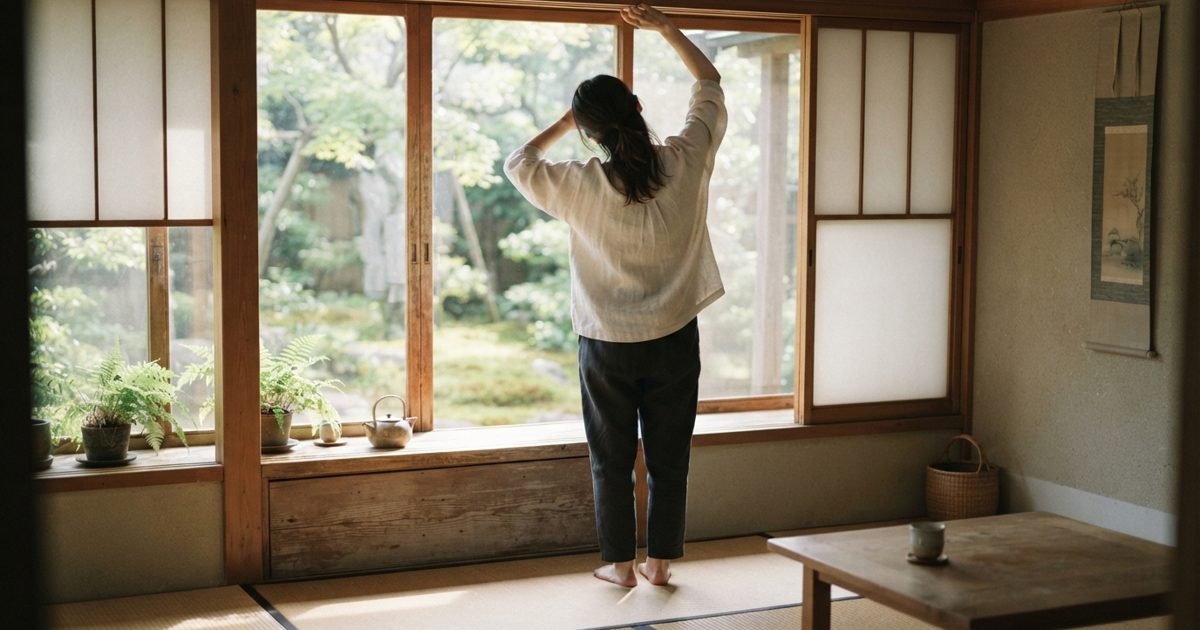 日差しが入る窓辺で背中を伸ばす人の後ろ姿