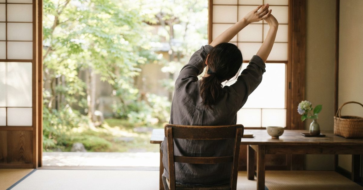 窓辺の椅子で穏やかに背筋を伸ばす女性