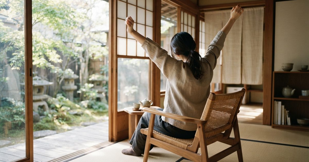 窓辺で静かに体を伸ばす後ろ姿