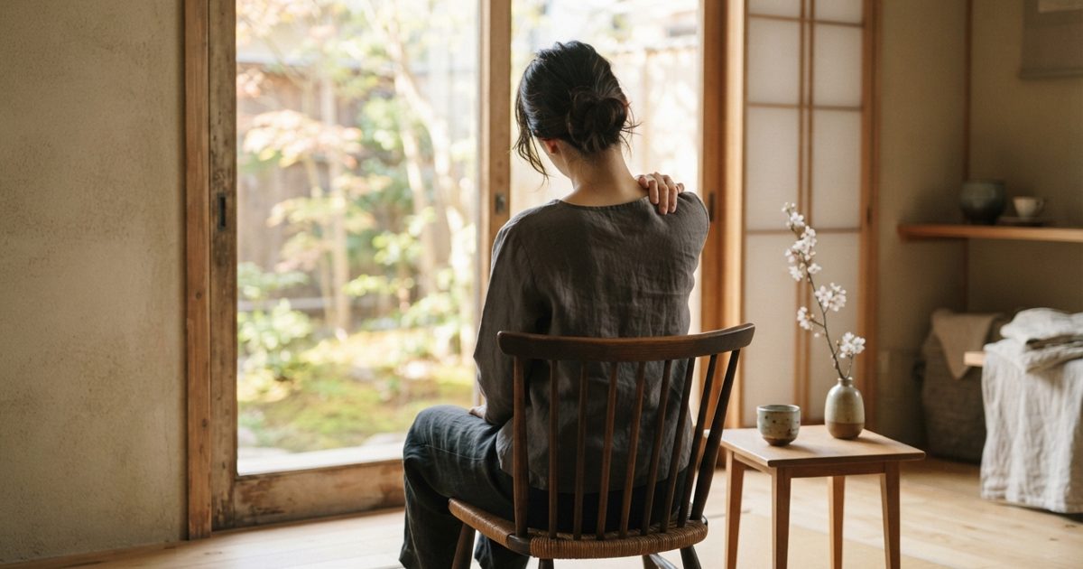 日当たりのよい窓辺で肩を休める人の後ろ姿