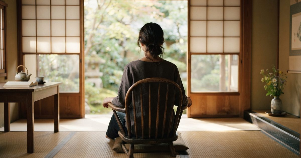 窓辺で静かに姿勢を整える女性の後ろ姿