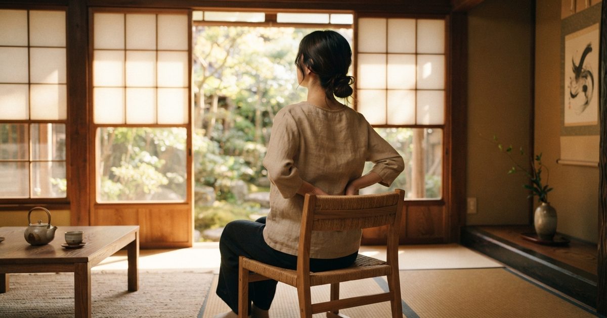 日当たりのよい窓辺で背中を伸ばす女性の後ろ姿