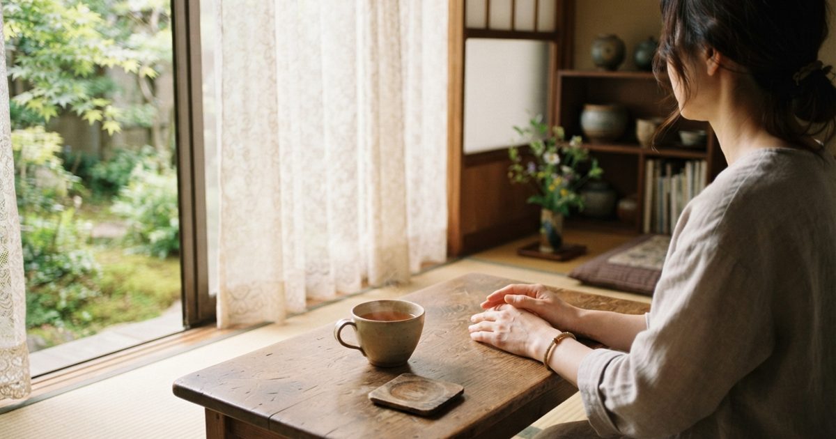 窓辺のテーブルに置かれた温かいお茶と手元