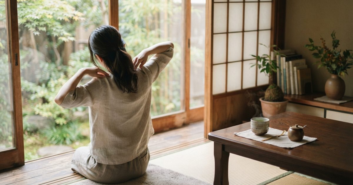 日当たりのよい部屋で静かに体をほぐす様子