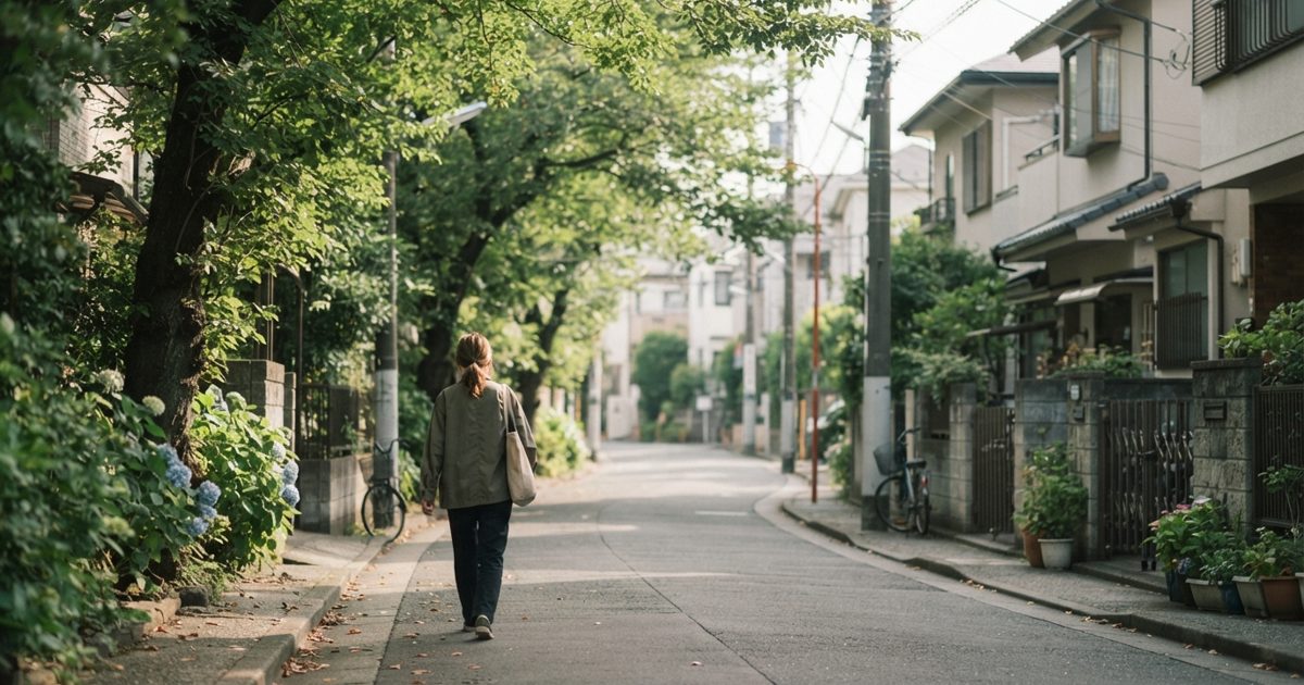 街並みを静かに歩く後ろ姿と柔らかな自然光
