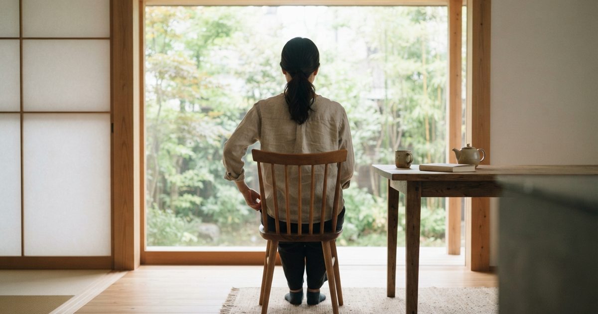 窓辺で姿勢を整える人の後ろ姿