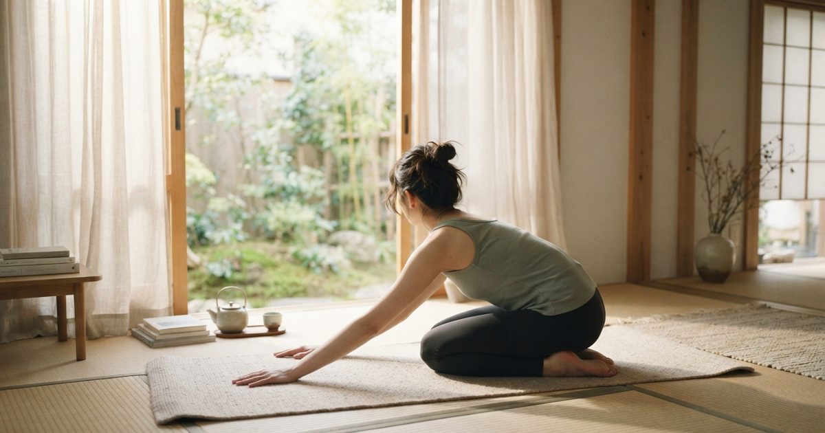 明るい部屋で穏やかにストレッチをする女性の後ろ姿