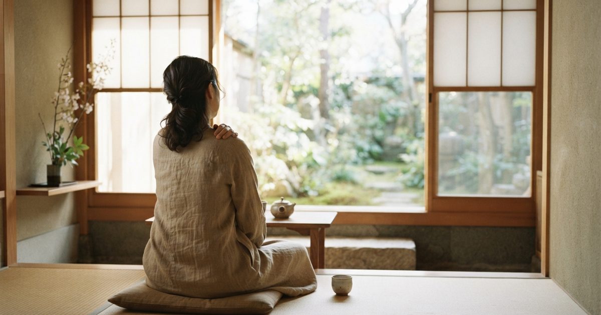 窓辺で静かに首筋を休める女性の後ろ姿