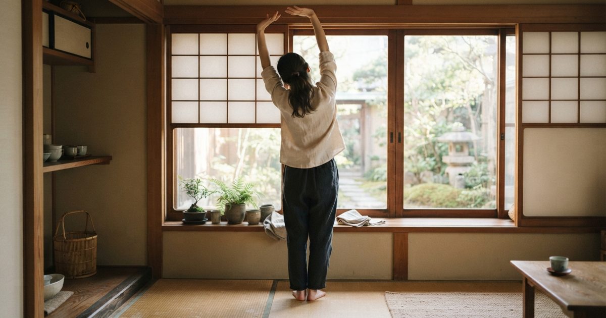 窓辺で静かに体を伸ばす人の後ろ姿