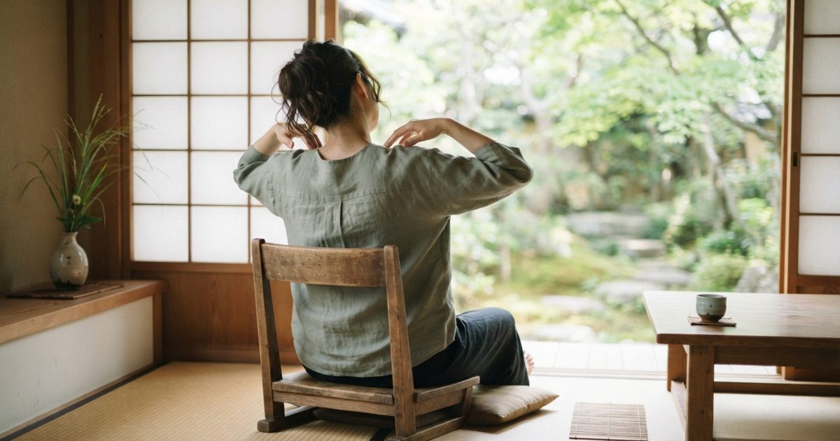 窓辺で背中を伸ばす人の後ろ姿