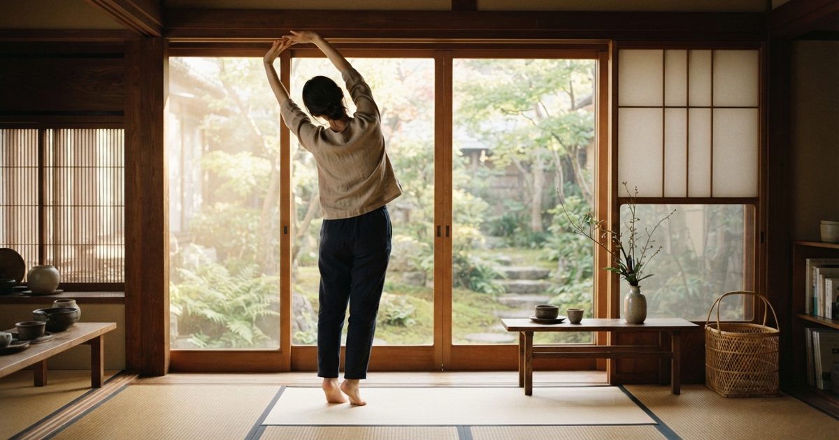 窓辺で静かに体を伸ばす人の後ろ姿
