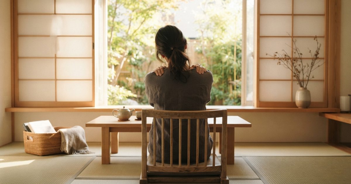 窓辺で静かに肩をほぐす人の後ろ姿