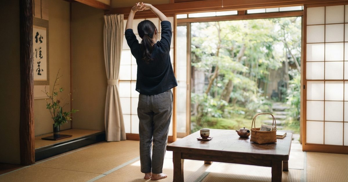 窓辺で軽く伸びをして体を整える様子