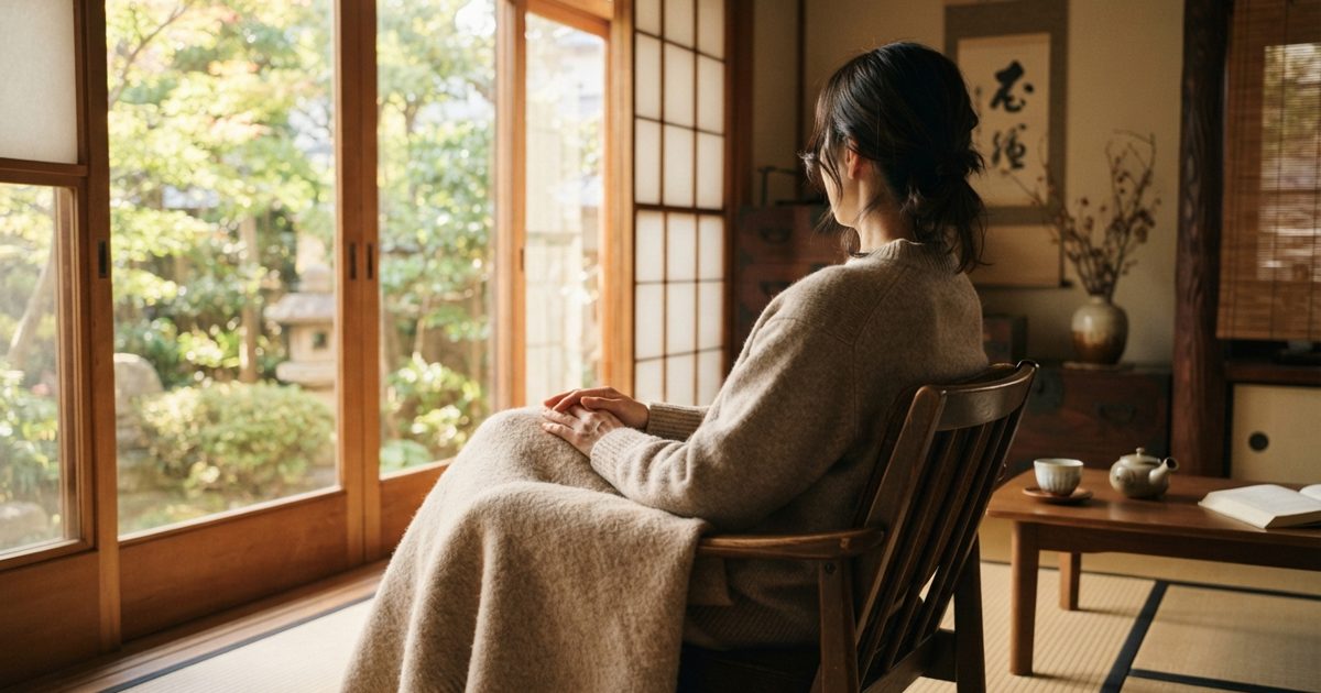 日差しが入る窓辺で膝掛けを使ってくつろぐ様子