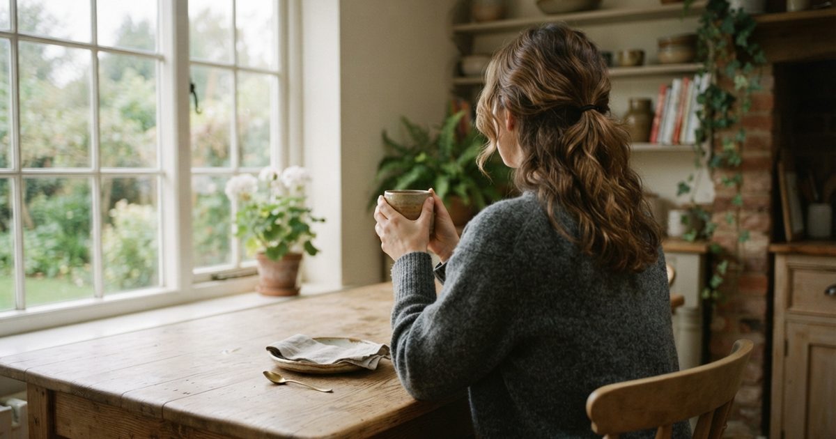 日当たりのよい部屋でお茶を飲む女性の後ろ姿