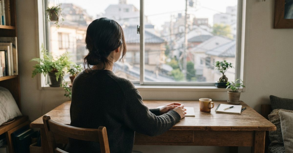窓辺のデスクで静かに過ごす人の後ろ姿