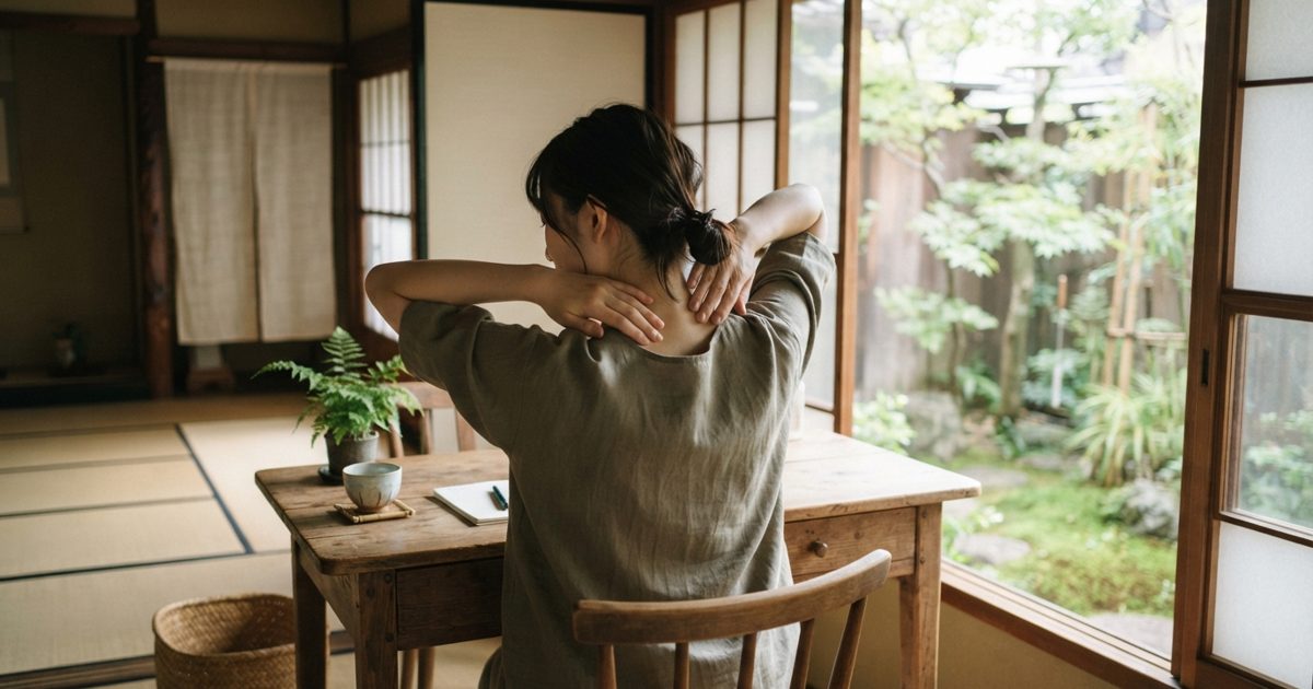 日当たりの良い窓辺で肩を伸ばす若い女性の後ろ姿