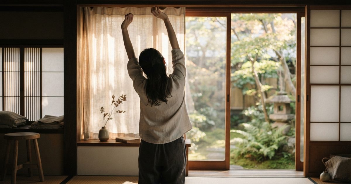 窓辺で体を伸ばして整える朝の様子