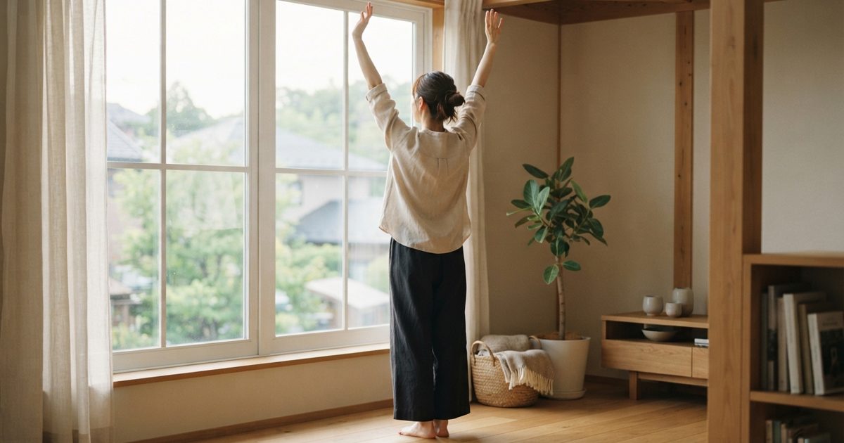 窓辺で背筋を伸ばしてストレッチする様子