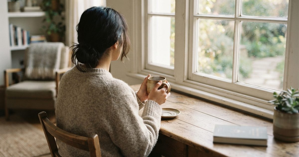 窓辺で温かいお茶を飲みながら一息つく様子