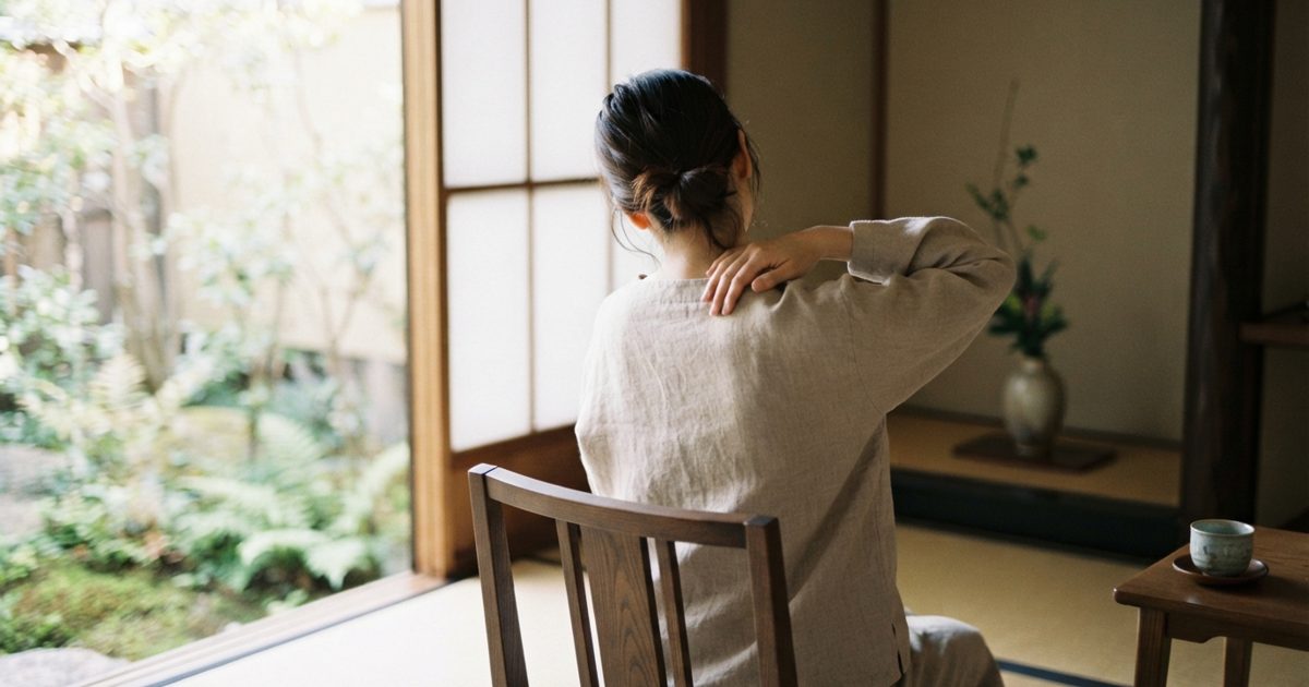 窓辺で肩に手を当てる女性の後ろ姿