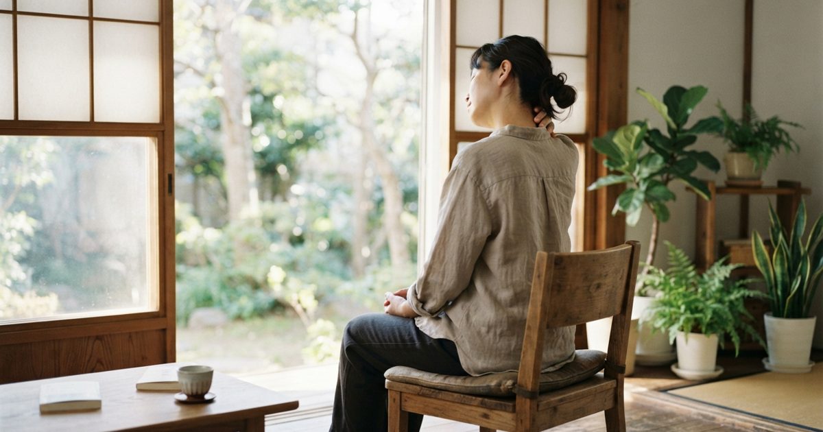 窓辺で静かに体を伸ばす人の後ろ姿